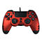 Roter Gamecontroller mit schwarzen Knöpfen und Details. Text: Share, Options.