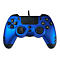 Manette de jeu bleue avec boutons noirs et détails, connexion par câble.