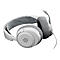 Weißes Gaming-Headset mit grauem Polster und Mikrofon, auf weißem Hintergrund.