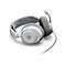 Weißes Headset mit Mikrofon, das auf einem weißen Hintergrund liegt. Das Headset hat graue Ohrpolster und einen grauen Kopfbügel.