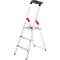Gray stepladder with red handles and black top handle. Three steps lead to the top platform.