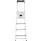 A silver step ladder stands center. The ladder has four steps and a black handle.