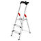 A silver step ladder with three steps and red hand grips, standing freely against a white background.