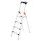 A silver step ladder with red details and four steps stands against a white background.