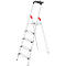 A silver step ladder with red handles and black treads stands upright. The background is white.