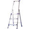 Silver stepladder, purple accents. Three steps, an upper frame.