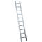 A silver aluminum ladder leans diagonally against a white wall. It has nine rungs and blue rubber feet.