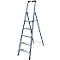 A blue stepladder stands against a white wall. It has five steps and a platform.