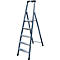 Grey step ladder with four steps standing on a white background.