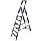Grey folding ladder with six steps stands against white background. Handles on top, non-slip steps.
