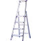 Silver stepladder with purple elements. The ladder is unfolded.