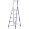 A silver, freestanding ladder with six steps standing against a wall in the closed position. The steps and feet are purple.