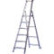 Silver stepladder with purple accents standing upright. It has five steps and is unfolded.