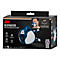 3M ademhalingsmasker, blauw en wit, met geïntegreerde filters, productafbeelding op verpakking.