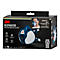 3M ademhalingsmasker op verpakking, productafbeelding. Blauw-wit ontwerp, merklogo, productinformatie.