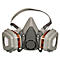 3M-ademhalingsmasker op de verpakking. Grijze masker, oranje details. Tekst: Respirator.