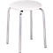 White stool with round seat and chrome metal legs.