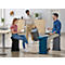 Three people are sitting or standing in an office. They are interacting with each other and with ergonomic stools.
