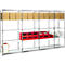 Warehouse shelf with boxes, red containers and white barrel.