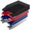 Stacked file trays in black, red, blue, and grey. Shaped cutouts on the front.