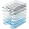 Stack of transparent file trays in different colors.
