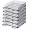 Gray, transparent stacked document trays. Angled top edge and rectangular shape. Ideal for paper and documents.