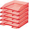 Stack of four red, transparent letter trays. Each tray slopes slightly upwards.