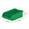 Green plastic storage bin. Dimensions: 168 mm long, 103 mm wide, 52 mm high. The box is slightly angled forward.