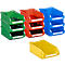 Multicolor plastic storage bins. Stackable containers in green, red, and blue, with yellow bin in front.