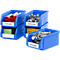 Blue plastic boxes with glue sticks, screws and labels.