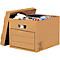 Open brown cardboard box filled with toys, plushies. Features a handle and labeling area.