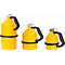 Three yellow canisters of different sizes, with a black handle and silver lid, stand next to each other.
