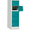 A tall, white and teal cabinet with three closed doors and one open door. The open door reveals a lock with a key.