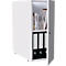 White cabinet with open door. Inside are folders and books.