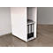 Cabinet with file folders and papers on a wooden floor.