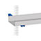 Detailed image of a gray metal shelf with blue brackets attached.