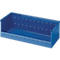 Blue rectangular storage box. Screws are on the inside. There is lettering on the side.