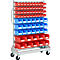 Tool cart with red and blue drawers. Drawers arranged in rows, on castors.