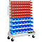 Metal storage cart on wheels, with red and blue storage bins.