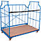 Blue transport trolley with wooden floor and wheels.