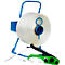 White plastic strap on blue holder, next to a green and black ratchet and metal clips.