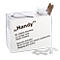 White box labeled "Handy" containing strapping bands and buckles. Open on top with handle. Buckles lie next to it.