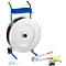 A blue strapping roll stand with band, pliers and fasteners.