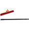 Broom with red bristles, light brown wood and black handle. Yellow element on the brush head.