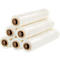 Several rolls of transparent stretch film, rolled on brown cardboard cores, stacked.