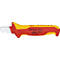 Geïsoleerde draadstripper in rood en geel, met gegraveerd productnummer en specificaties.