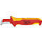 Een rood-geel afstripgereedschap, met de inscriptie KNIPEX, 98 55, Made in Germany, 1000 V, IEC 60900.