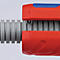 Close-up of tool: A red and blue wrench gripping a gray, corrugated pipe.