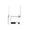 Rückseite eines weißen WLAN-Routers mit zwei Antennen, vier LAN-Anschlüssen und einem Stromanschluss.
