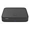 Schwarze, flache Strong Streaming-Box mit Power-Taste und leuchtend blauem Dreieck auf weißem Hintergrund.